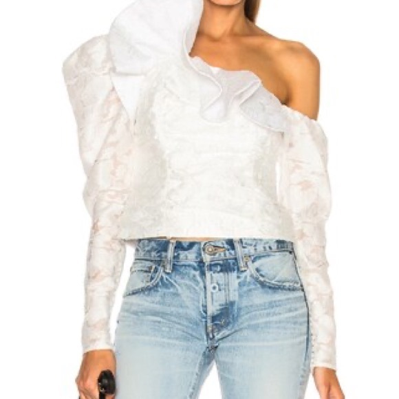 Self-Portrait Tops - Self Portrait Floral Fil Coupe white off shoulder ruffle top 0